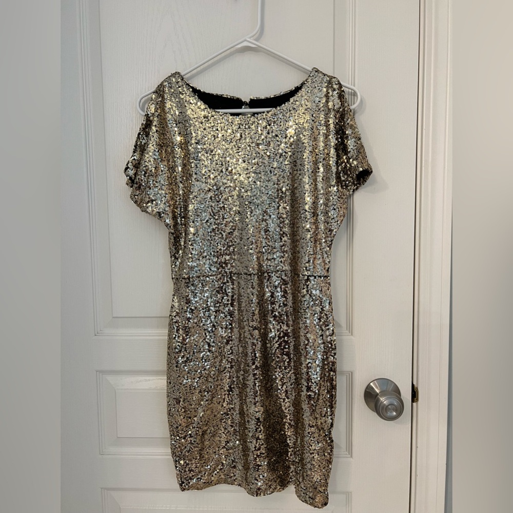 Women’s gold sequins, keyhole back dress